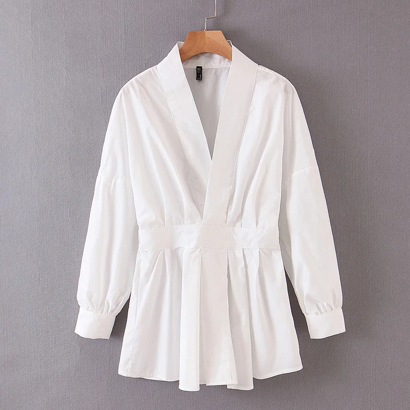 

RR Solid White Fold Blouses Women Fashion Casual V Neck Shirts Women Elegant Long Sleeve Tops Female Ladies LR