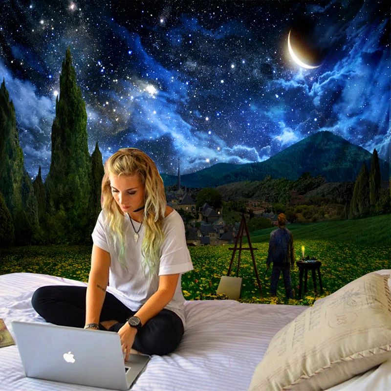

Van Gogh Crescent Night Printing Tapestry Wall-Mounted Decorative Mandala Blanket Fabric Home Decoration Moon Tapestry On The