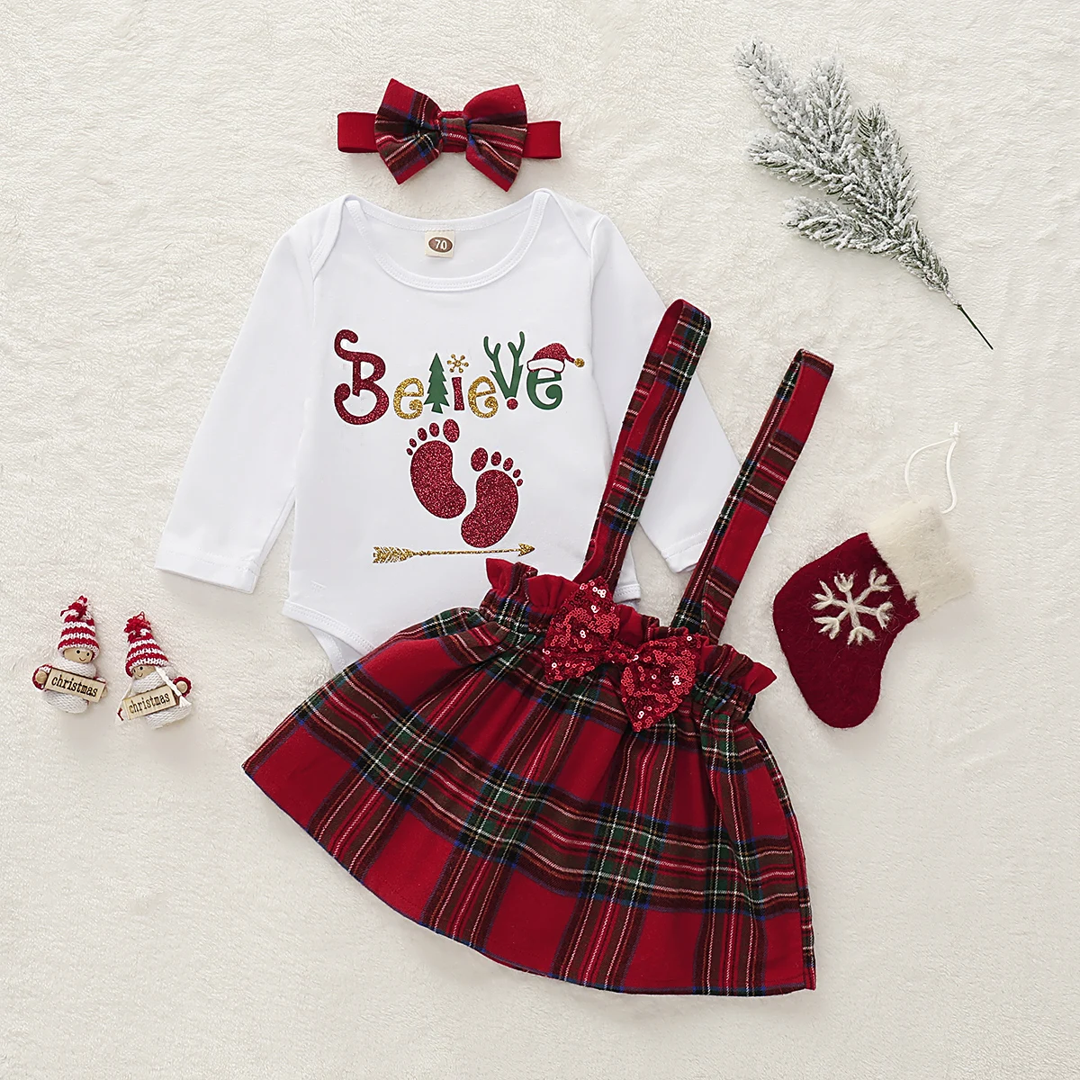 Pudcoco/Одежда для новорожденных девочек; комбинезон с длинными рукавами и рождественским принтом; топы в клетку; юбка на бретелях; повязка на голову; комплект одежды из 3 предметов