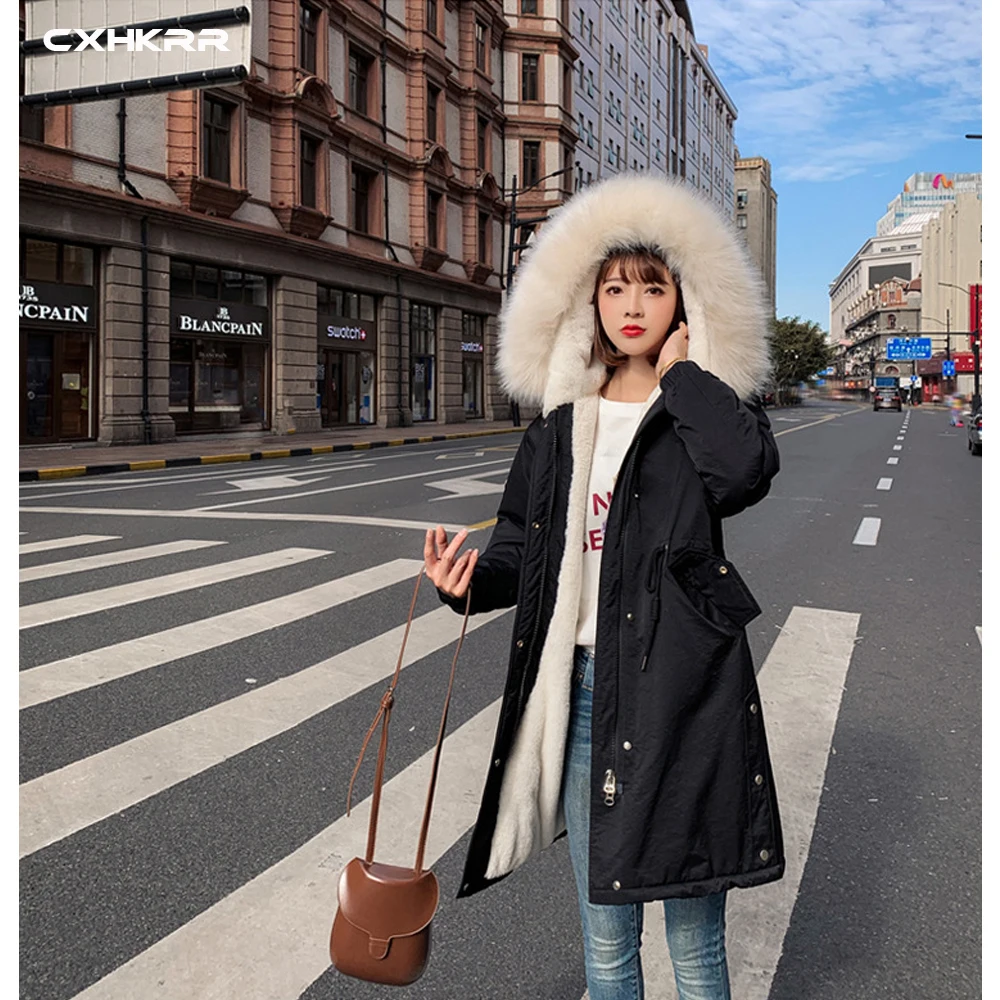 CXHKRR Fashion Long Parka Coat Jacket Oversized Cotton Jacket Women Winter Faux Fur Collar Hooded Jacket Cotton Women