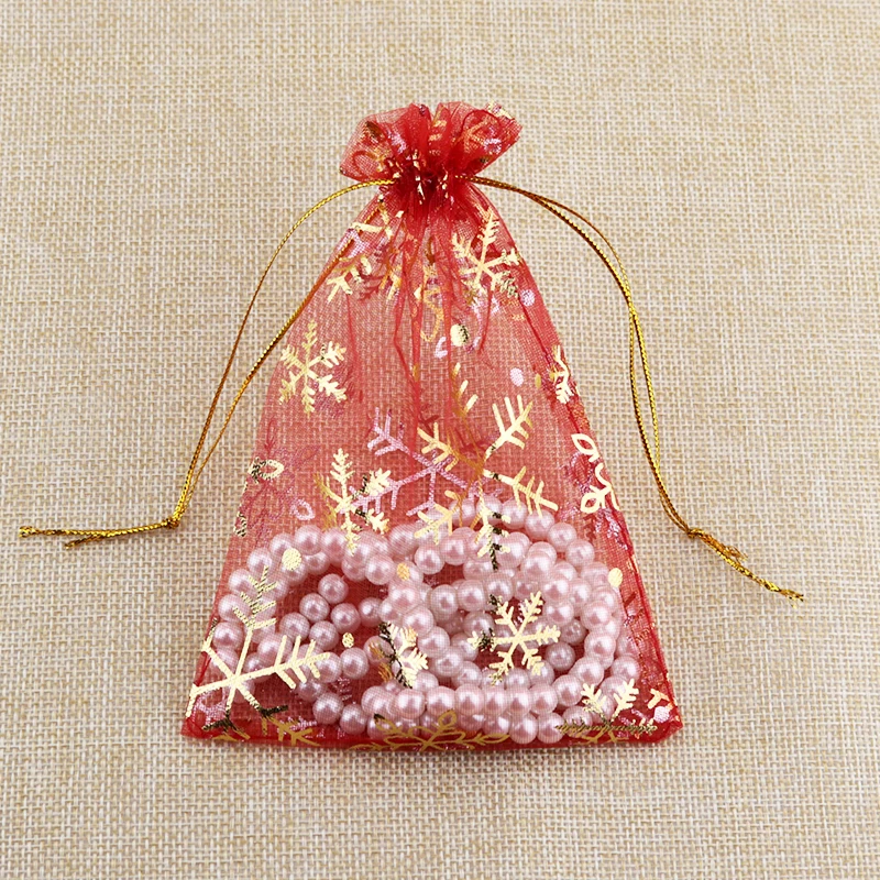 

100pcs/lot 10x14cm Small Red Organza Bags Wedding Favor Jewelry Packaging Bags Drawstring Pouches Snowflake Print Candy Gift Bag