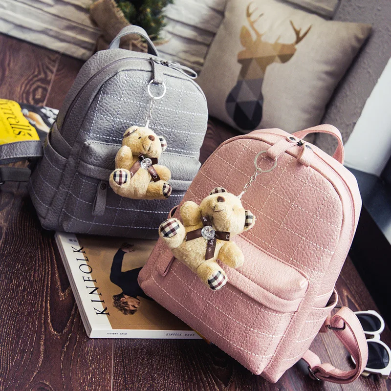 

Korean-style Small Bear WOMEN'S Backpack Spiraea Pendant Fashion Backpack PU Leather Wrinkles Fashion Backpack