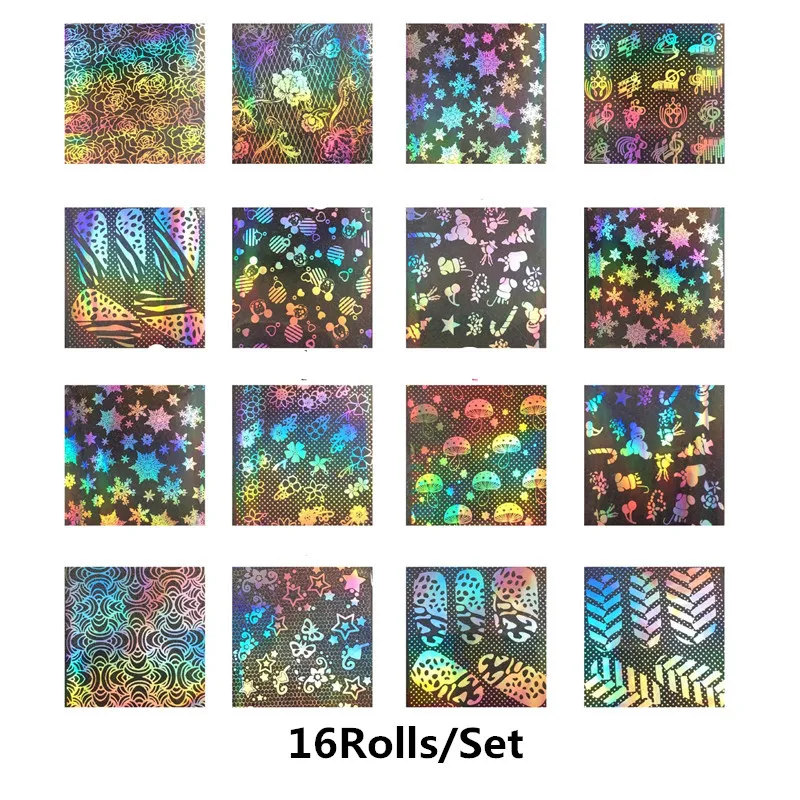 16Roll-1 16 рулонов рождественского дизайна ногтей переводные наклейки из фольги прозрачные снежинки цветочные обертки Наклейка 3D Слайдеры для украшения ногтей - Цвет: 16Roll-1