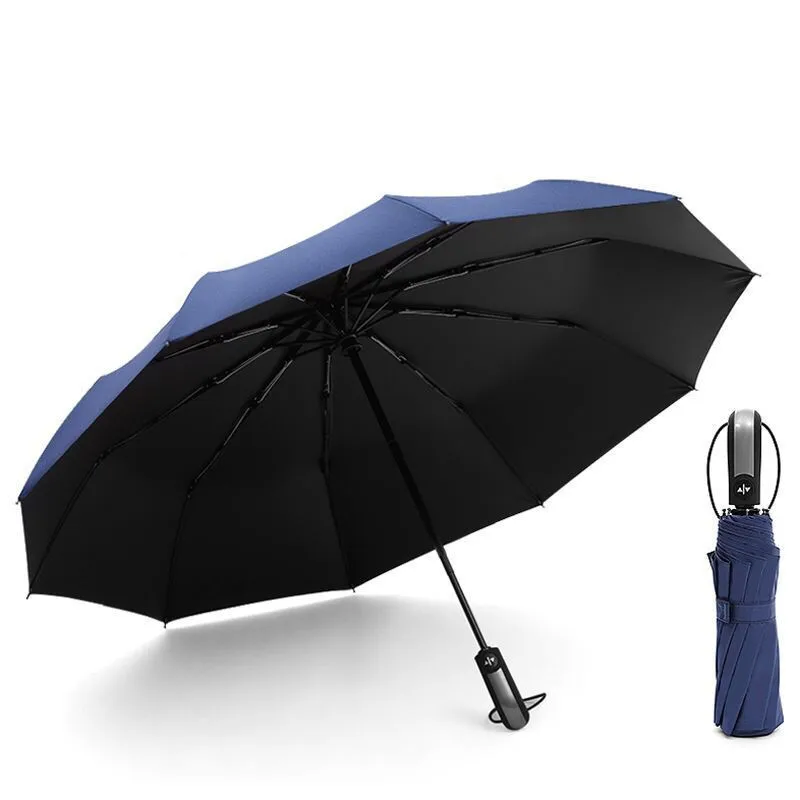 

2019 Umbrella Fully-automatic Three Folding Parasol Bag Commercial Compact Large Strong Frame Windproof 10 Ribs Bone Umbrellas