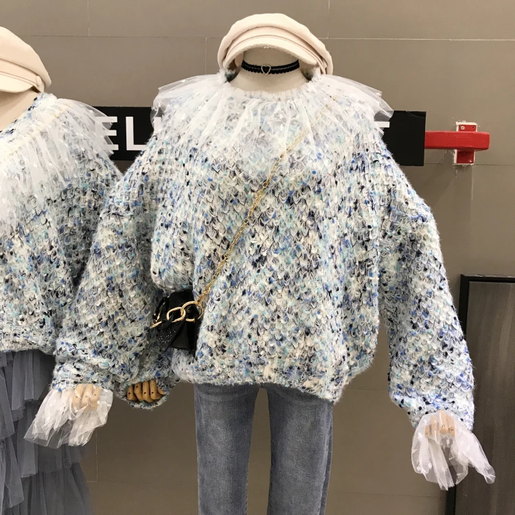 New Fashion Autumn and Winter Women Boudoir Colored Knit Sweater Coat Sweet Mesh Stitching Loose Pull Femme Students Knitwear