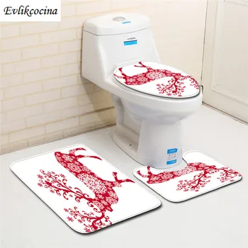

Free Shipping 3 pcs/Set Red Snowflake Deer Bath Mats Anti Slip Bathroom Set Tapete Banheiro Washable Toilet Rugs Alfombra Bano