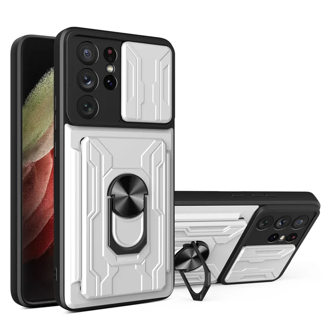 Slide Camera Lens Case For Samsung S22 Ultra S21 Ultra S21 FE S20 Plus Note 20 Ultra A72 A52 A53 A33 Detachable Card Holder Case White