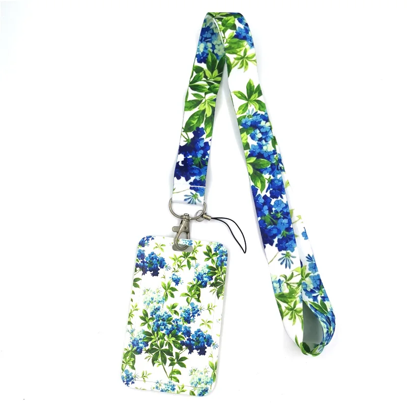 Cordón de flores verdes azules para tarjetas de crédito, titular de la identificación, bolso de viaje para estudiantes y mujeres, insignia, llavero de coche, accesorios de regalo