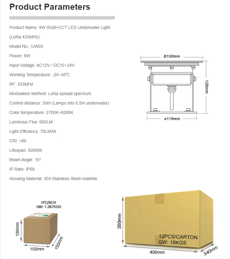 Description Picture 3 of itemMiboxer UW03 9W RGB+CCT LED Underwater Light (LoRa 433MHz) IP68 R433MHz Remote/APP/Third Party Voice Control Mi-Light