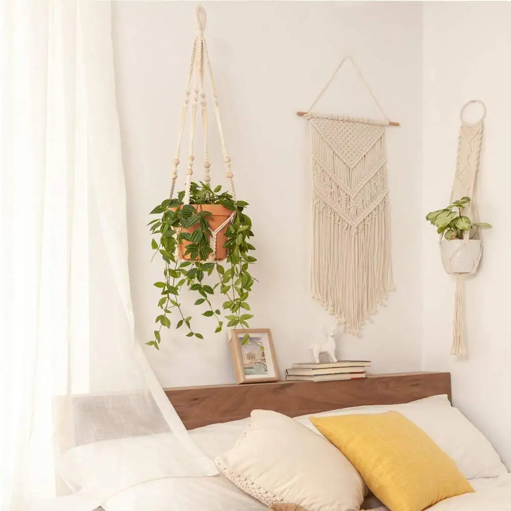 2pcs Handmade Macrame Cotton Rope Plant Hanger  with Beads, Hanging Planters for Indoor Outdoor Boho Home Decor, 35 Inch (89cm)