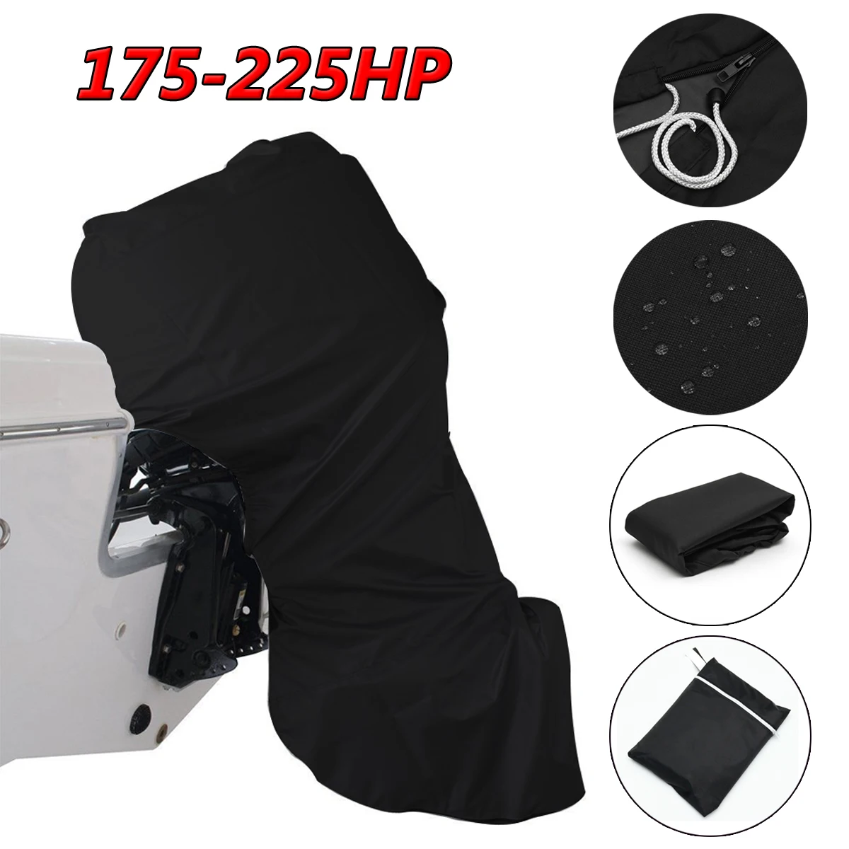 

Hot New 600D Black Full Outboard Engine Boat Cover Up to 175-225 Hose Power Motor Waterproof