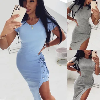

Sexy Slim Office Lady Sexy Party Dress Slit Strap For Slim Body Solid Color Dress With Round Collar Summer Women Bodycon Dresses