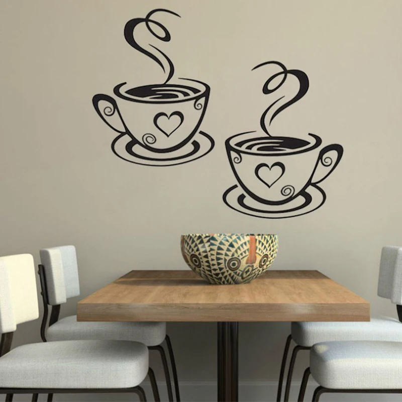 Double Coffee Cups Wall Stickers Beautiful Design Tea Cups Room