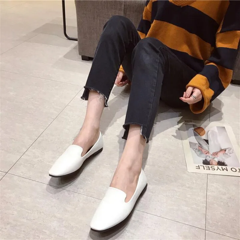 Spring Flats Basic Shoes Women Loafers Synthetic Leather Fashion Square Toe Slip-On Lady Flats Leather Single Shoes