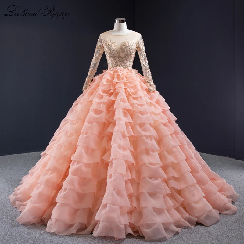 Vestido de Novia, женское бальное платье, свадебные платья, круглый вырез, длинный рукав, длина до пола, Многоуровневое платье принцессы, свадебное платье