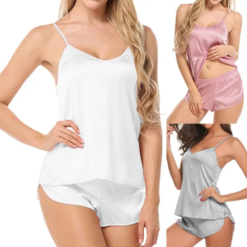 Sexy Lady Simulation Silk Female Pajamas Set V-neck Camisole Sleeveless Sleepwear Nightwear Women Soft Suit Bikini Cover Up
