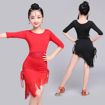 

Mid Long Sleeve Lace Mesh Mordern Ballroom Dancing Dresses For Kids Sexy Salsa Tango Skirt Children Latin Dance Dress