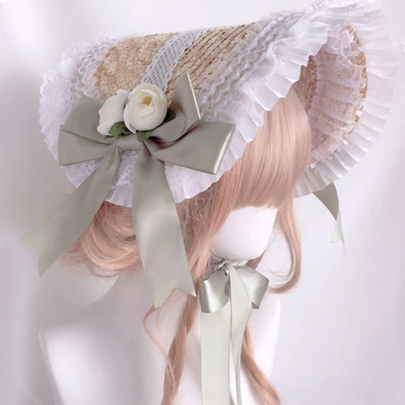 ヴィンテージ ロマンチック 帽子 レース ガールズヴィンテージ花わら帽子フラットトップロリータフリルレース