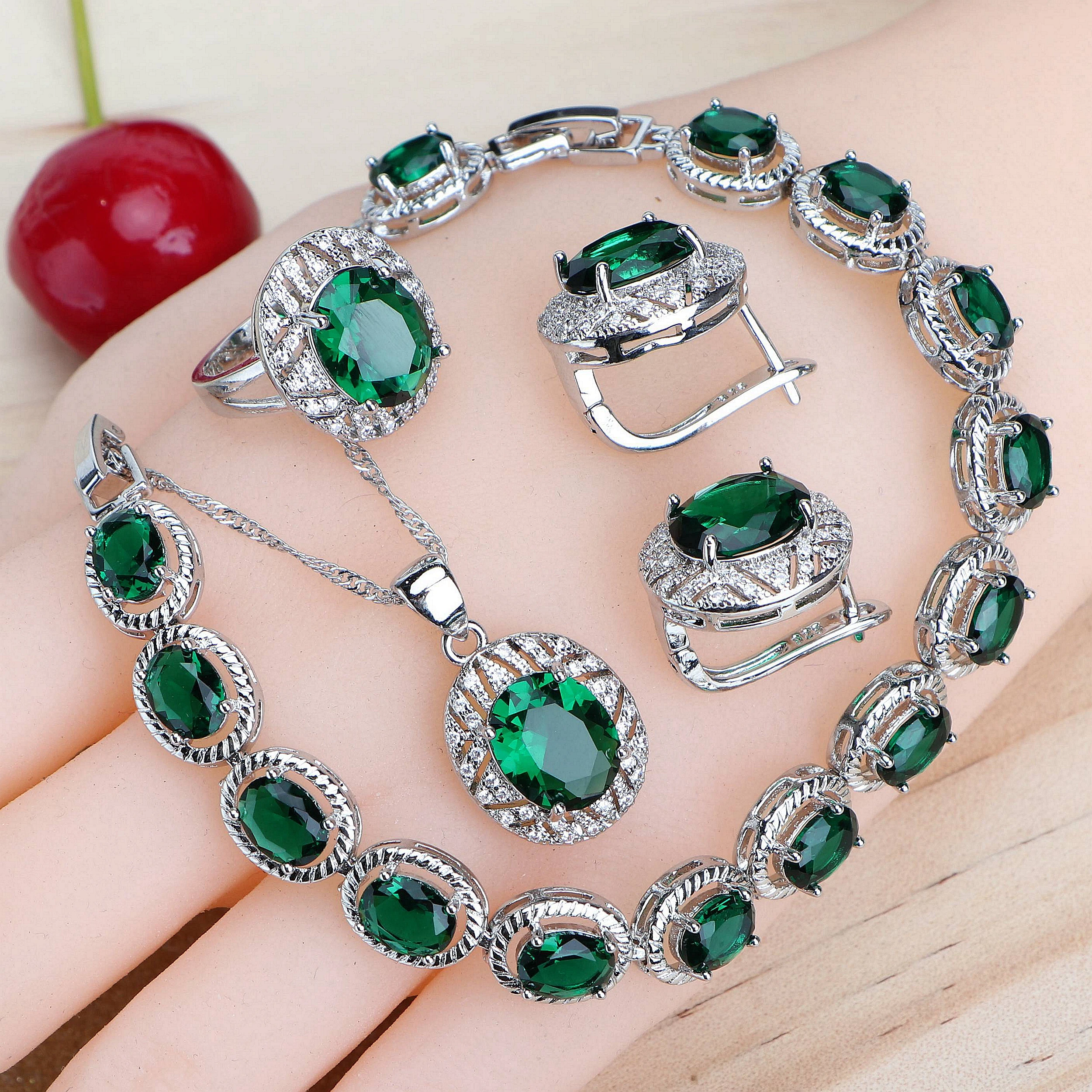 

Green Cubic Zirconia Bridal Jewelry Sets Silver 925 Women Costume Wedding Jewellery Earrings Rings Bracelets Pendant Necklace