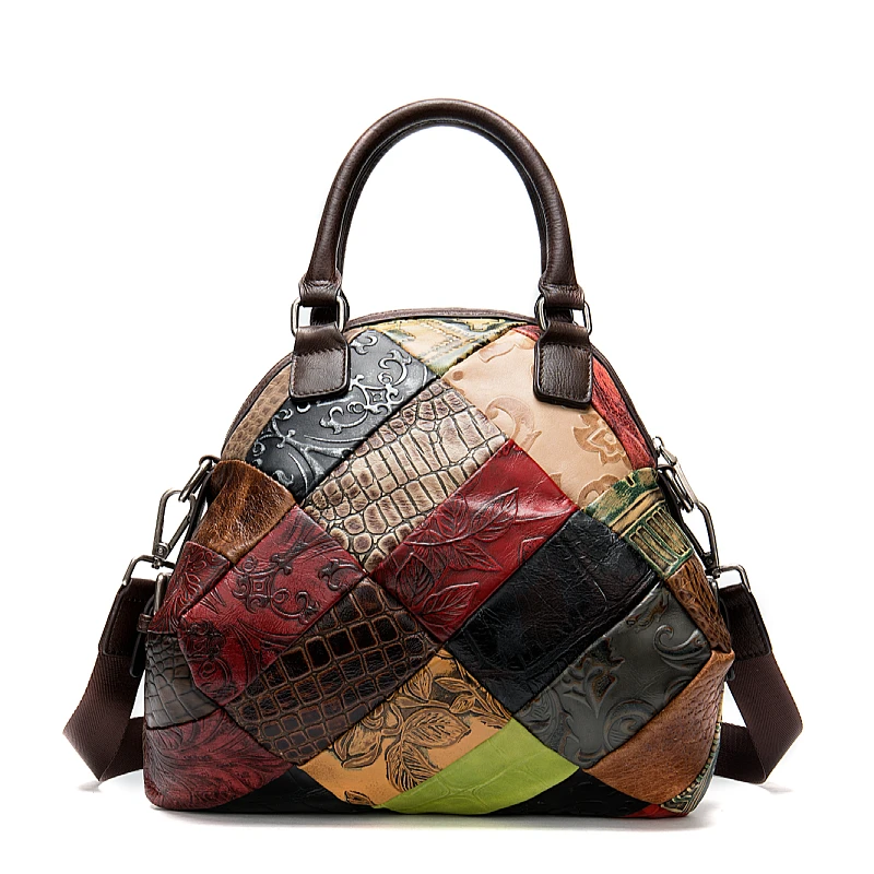 

2020first Layer Cowhide Women's Handbag Cool Trendy Patchwork Color Handbag Geometric Pattern Women's Shoulder Crossbody Bag