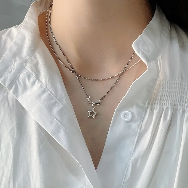 

Leouerry 925 Sterling Silver Double Layer Necklace Personality Frosty Style Star Pendant Necklaces for Women Silver 925 Jewelry