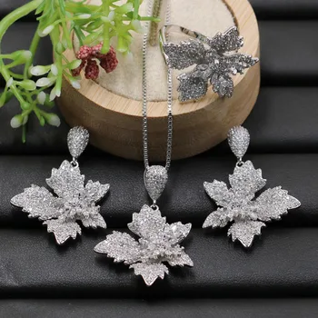 

Vanifin Fashion Jewelry Chic Maple Leaf Micro Pave Cubic Zirconia Necklace with Earrings and Ring for Wedding Best Bridal Gift