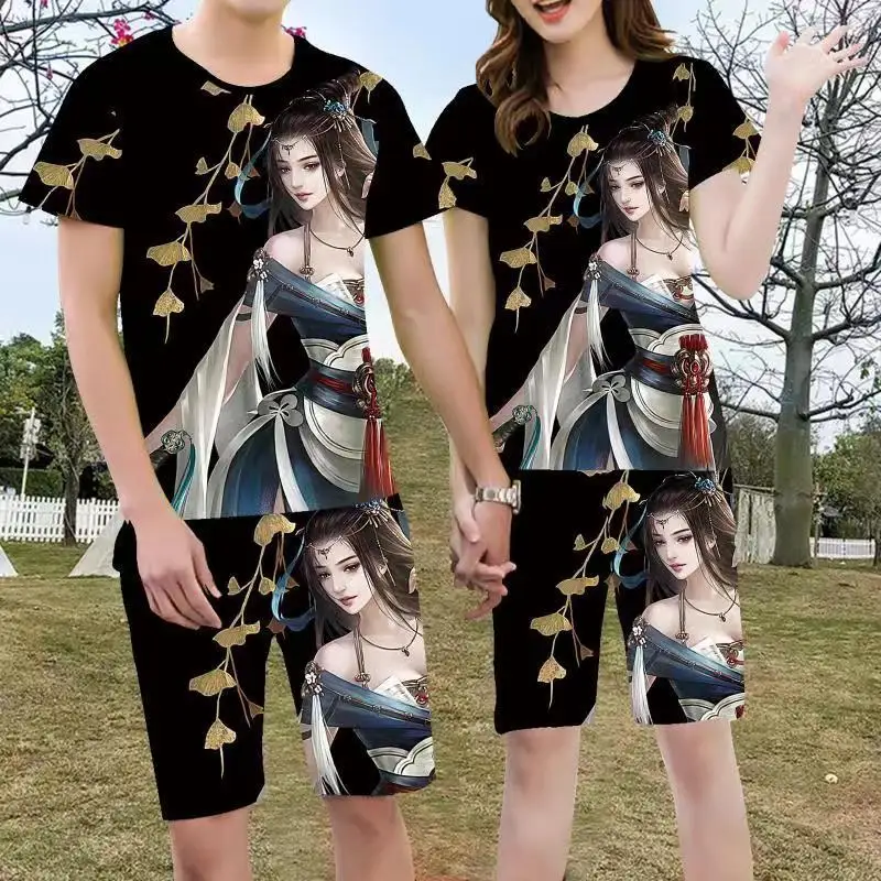 

Костюм мужской повседневный из 2 предметов, футболка с круглым вырезом и шорты, с 3D-принтом красивой красоты, модный костюм для пар, на лето