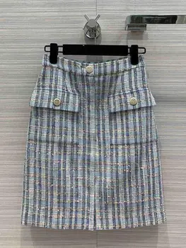

Runway Design Luxury Tweed 2020 Women Blue Mini Skirt Summer High Waist Pockets Buttons Straight Skirt Silk Lining Female Party