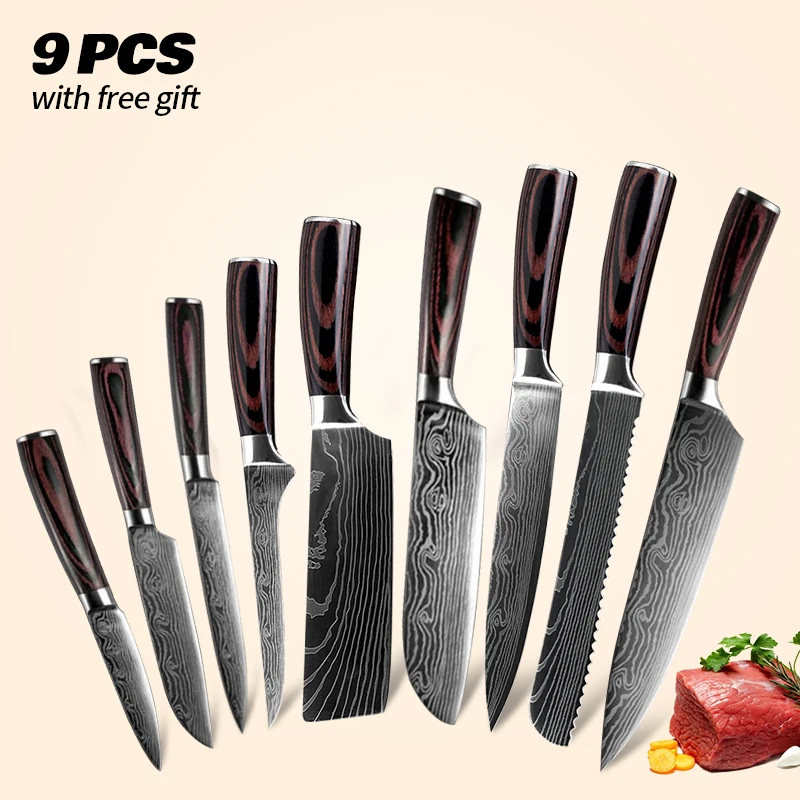 9Pcs Kitchen Knife Set 7CR17 Stainless Steel Laser Damascus Chef Slicing Bread Santoku Meat Cleaver Boning 1 9Pcs Kitchen Knife Set 7CR17 Stainless Steel Laser Damascus Chef Slicing Bread Santoku Meat Cleaver Boning 1