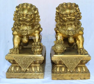

free shipping<<<13" Chinese Fengshui Bronze Guardian Foo Fu Dog Phylactery Door Lion Pair Statue