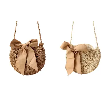 

Women Fashion Bowknot Straw Bag Handbags Lady Summer Beach Shopping Tote Female Casual Travel Woven Round Shoulder Crossbody Bag