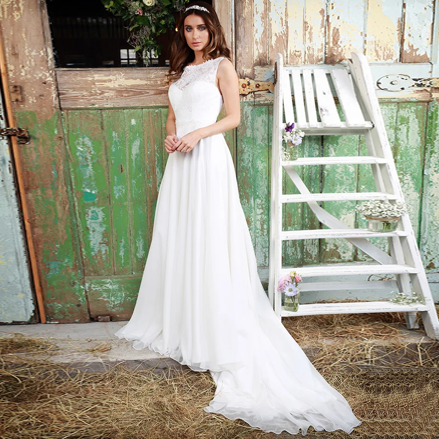 

2020 Wedding Dress Boho Cheap Sleeveless Scoop Lace Chiffon Beach Wedding Dresses Plus Size Back Zipper with Buttons
