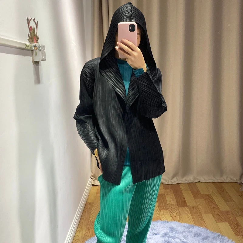 Весенняя плиссированная куртка с капюшоном MIYAKE, японская импортная однотонная приталенная куртка с длинным рукавом на одной пуговице большого размера