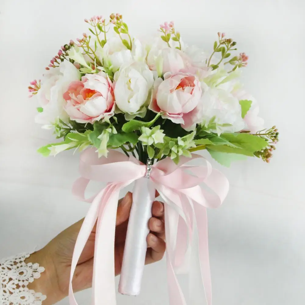 white-pink Lovegrace свадебный букет, искусственный шёлковый пион, 18 голов, букет шампанского, букет невесты, свадебные букеты - Цвет: white-pink