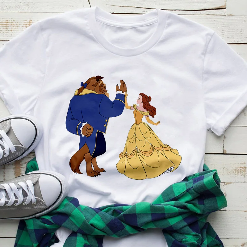 

Women Fashion Harajuku Short Sleeve T-shirt White Suitable Four Seasons Tshirt Tops Clothes Beauty and The Beast Printed T Shirt