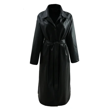 

LANMREM 2020 Spring And Spring New Women's Temperament Slim Lapels Single-breasted Sashes Long PU Leather Windbreaker 19B-a572