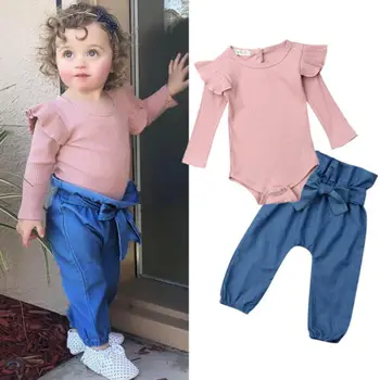 

Baby Girl Clothes Autumn Cotton Newborn Infant Baby Girl Jumpsuit Flying Sleeve Bodysuit Bowknot Denim Pants 2Pcs Outfits Sets