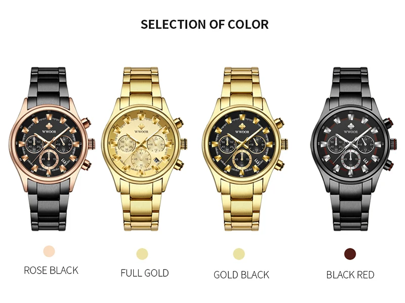 Мужские часы лучший бренд класса люкс WWOOR золотые черные часы мужские Новые водонепроницаемые Хронограф Золотые мужские наручные часы мужские