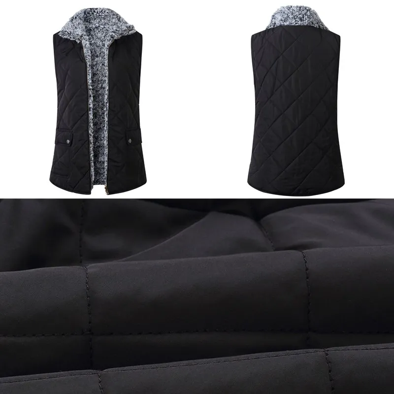 Autumn Sexy Women's Two-side Pocket Vest Coats Sleeveless Jacket Turn-Down Collar Lamb Cashmere Winter Leopard Zipper Warm Coat