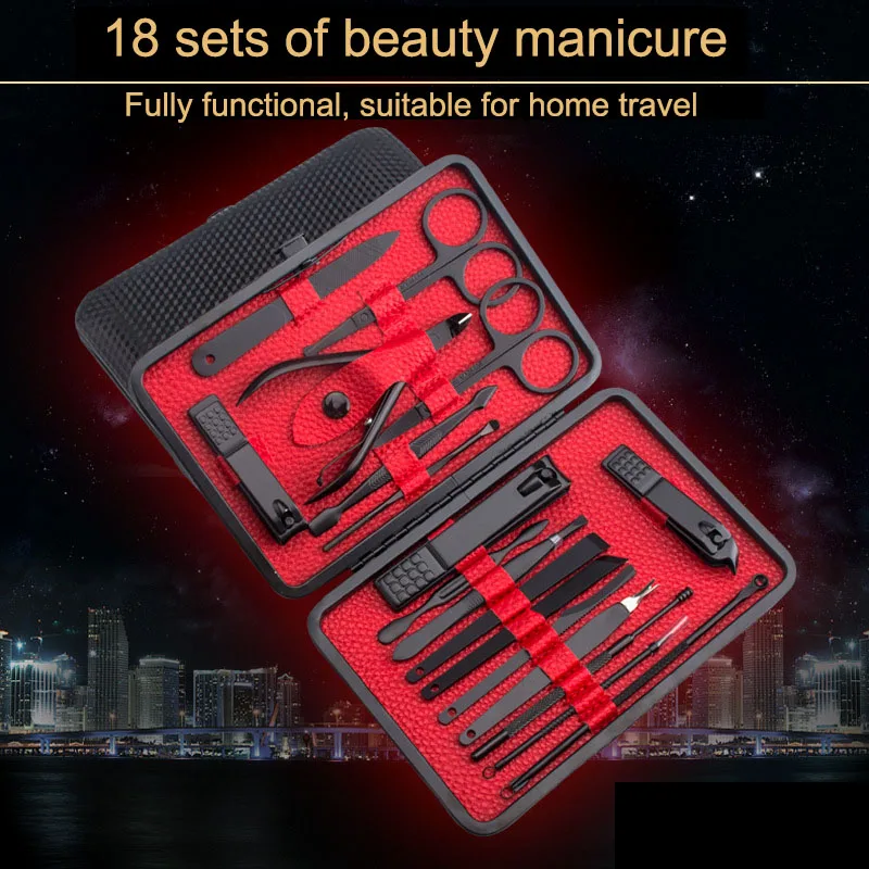 18 шт./компл. маникюрный набор из нержавеющей стали, педикюрный набор, ножницы для ногтей, набор для ухода с чехлом для путешествий JS11