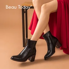 BeauToday/женские ботинки на высоком каблуке из натуральной коровьей кожи; Вощеные ботильоны с круглым носком на молнии; сезон осень-зима; женская обувь ручной работы; 03374