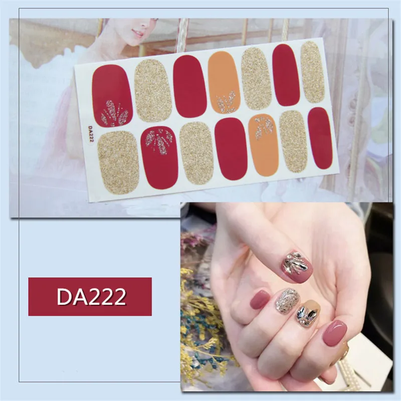 DA222 14tips/лист полное покрытие для ногтей наклейки-лак полоски однотонный нейл-арта украшения в форме сердца конструкции блеск порошок маникюрные Типсы - Цвет: DA222