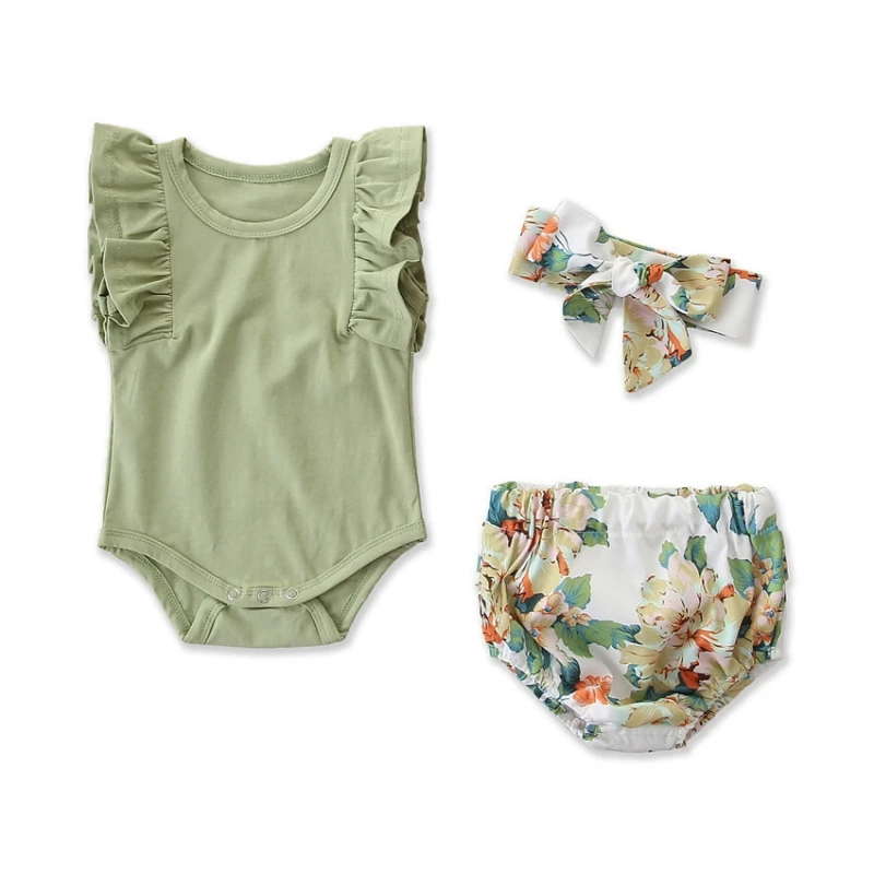 

Newborn Infant Baby Girls Clothes Ruffle Sleeve Romper Floral Shorts Headband 3PCS Outfit Sets