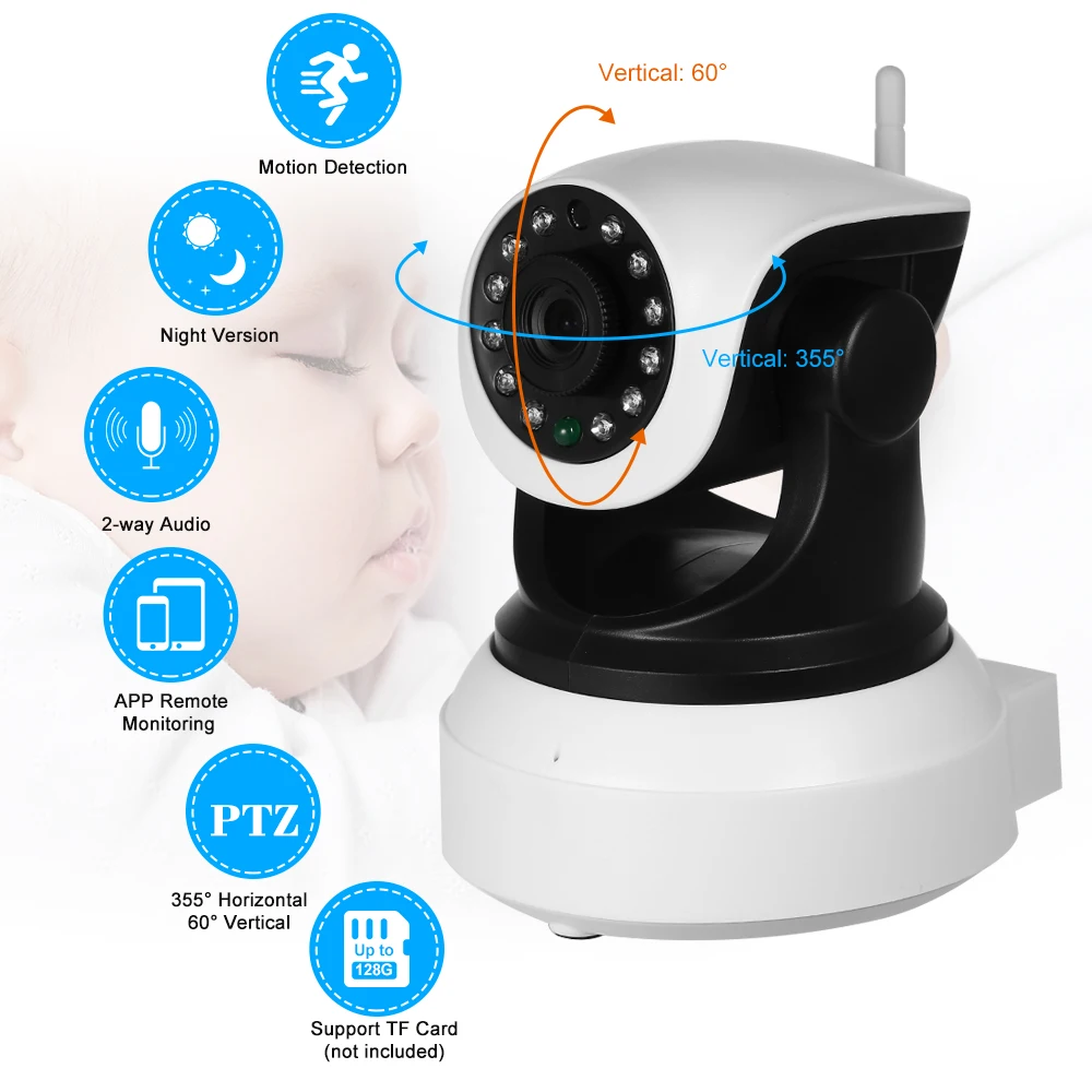 

HD 1080P Wireless WiFi IP Camera Baby Monitor Support PTZ TF Card Record Motion Detection Alarm Browser View for CCTV System