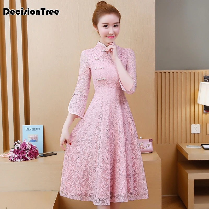 aodai cheongsam Восточная одежда кружевное платье ao dai короткое Кружевное платье для женщин вьетнамское платье Ципао китайское платье