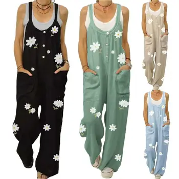 

Women Jumpsuit Summer Button Sleeveless Floral Print Pockets Button Jumpsuit Bib Overall Dungarees Strappy Backless Bodysuit