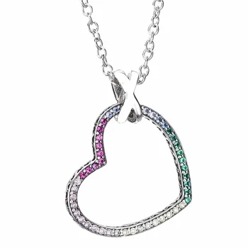 

New 925 Sterling Silver Necklace Rainbow Heart With Adjustable Sliding Clasp Necklace For Women Wedding Gift Fine Jewelry