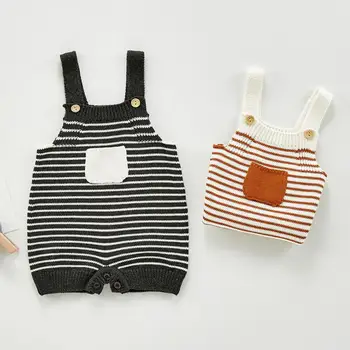 

2020 Autumn Winter Newborn Boys Girls Pocket Stripe Jumpsuits Clothes Baby Knit Bodysuit Knitted Sleeveless Kids Overalls