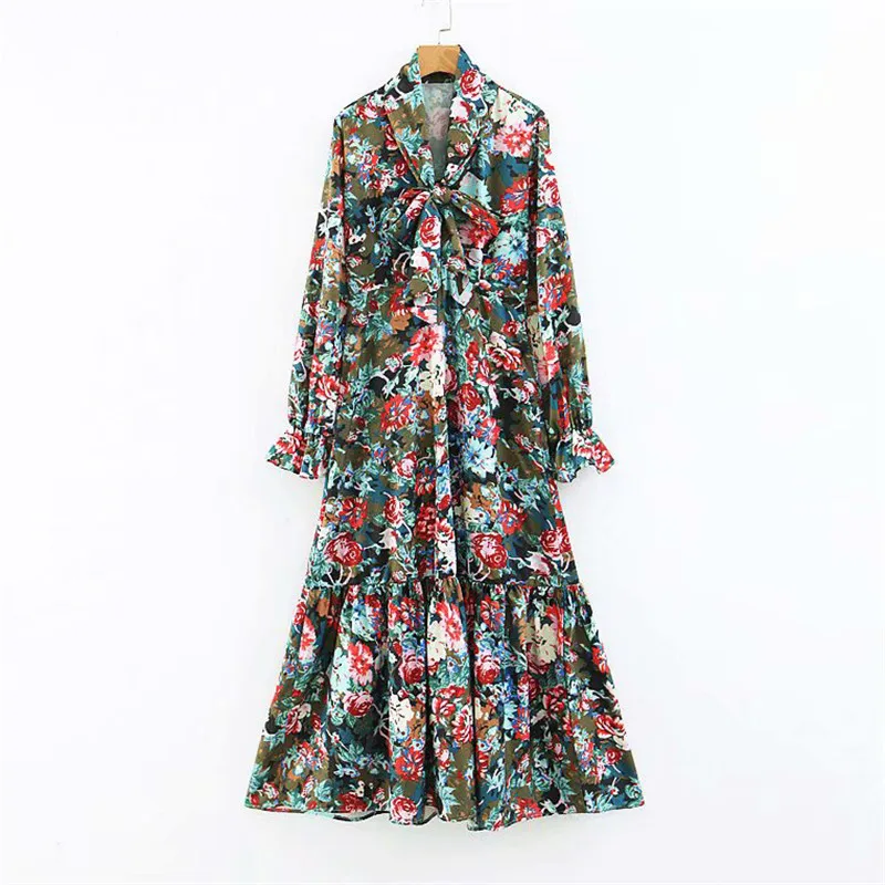 

Western Style Women's Dress 2019 Spring New Style Bowtie Printed Flounced Bell Sleeve Dress Long Skirts