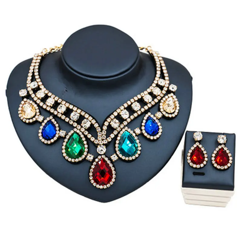 

Middle East Europe and America Bridal Crystal Zircon Necklace Earrings Set Color Exaggerated Beautiful Gem Stone Wedding Jewelry